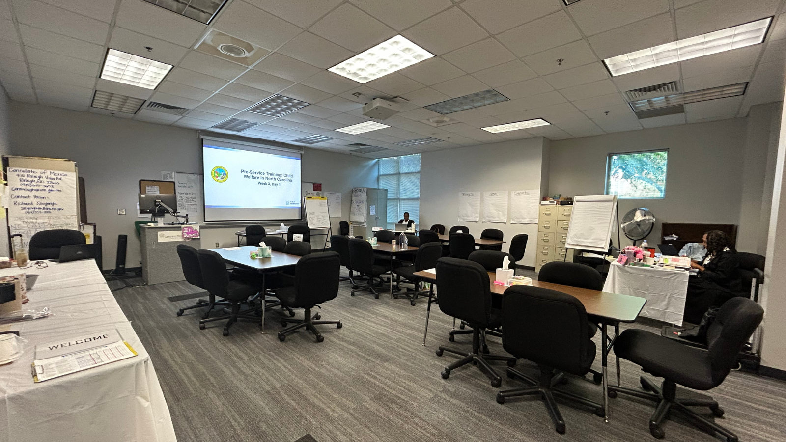 desks and chairs set up in training room